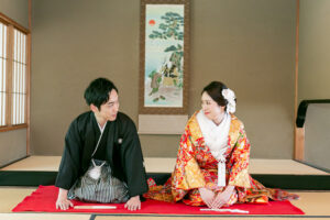 愛知の白鳥庭園で和装前撮りロケーション　和室で正座