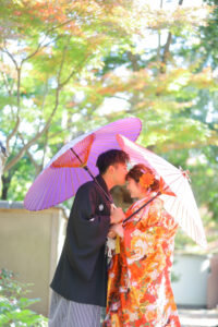 鶴舞公園　和装ロケーションフォト和傘でおでこコツン　photo by Nab