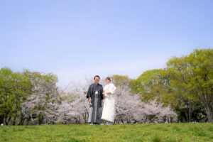 春の桜の時期に白無垢で和装ロケーションフォト名城公園