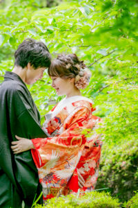 名古屋の中村公園で新緑和装前撮り　くすみカラーのヘア飾り