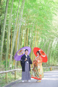 和装前撮り　和傘と竹林と　名古屋市東山植物園　photo by Nab