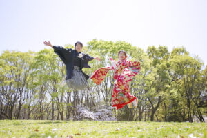 人気の名城公園で 名古屋の格安前撮り和装ロケーションフォトジャンプ
