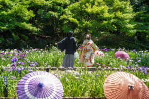 新緑の徳川園で和装ウェディングフォト　色打掛前撮り　花菖蒲園で深呼吸