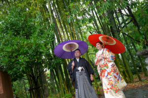 フラリエで和装前撮り　竹をバックにベージュの色打掛と赤・紫の和傘が映える