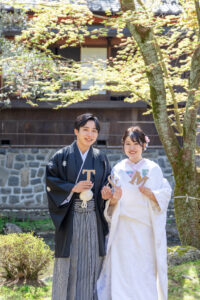 揚輝荘で和装ウェディングフォト　イニシャルオブジェ　持ち込みアイテム　愛知で前撮り