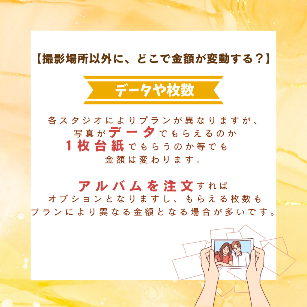 業者によりプランは異なりますが、写真をデータでもらうのか、1枚台紙でもらうのか、アルバムを注文するのか、という点でも金額が変わります。