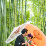 久屋大通庭園フラリエで和装前撮り 竹をバックにおでこコツン